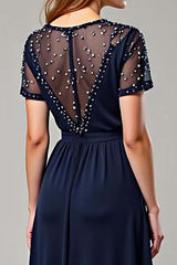 Dressystars Navy Wedding Guest Dress Chiffon Deep V-Neck Long Formal Dress