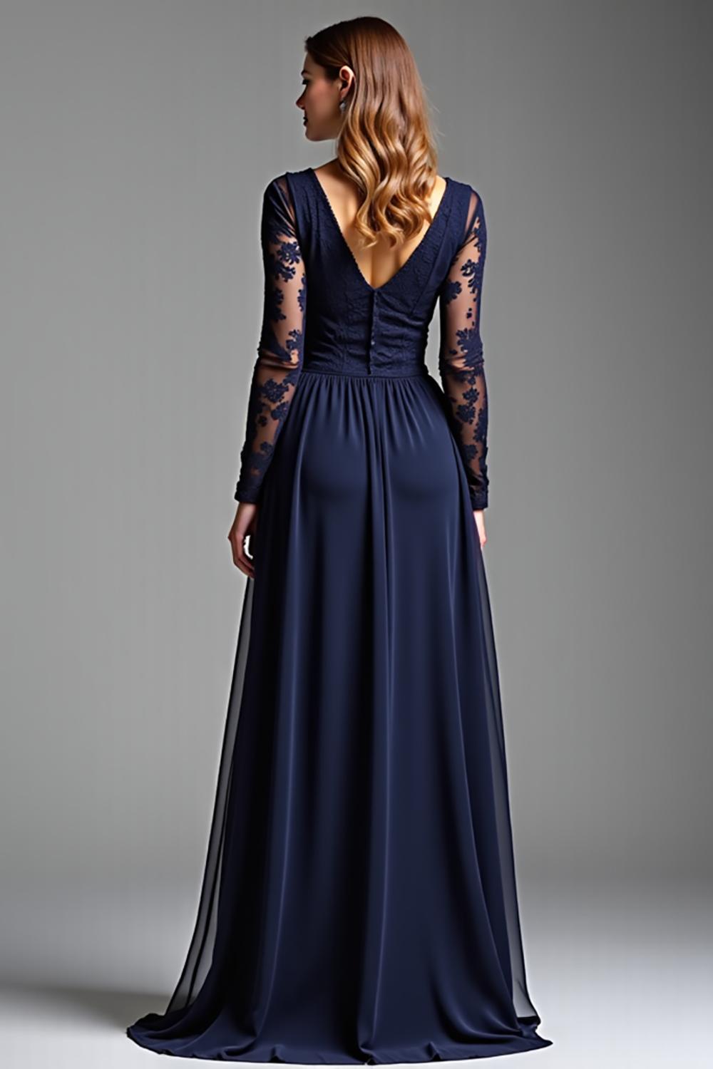 Dressystars Navy Wedding Guest Dress Chiffon V-Neck Long Formal Dress With Long Sleeves