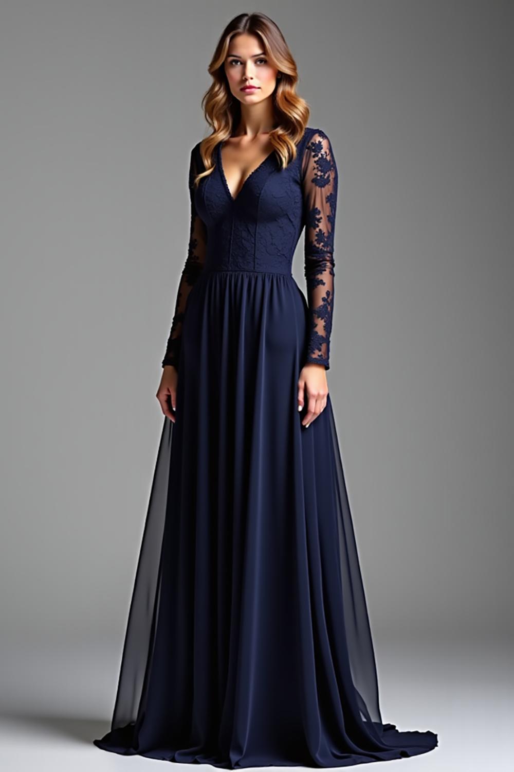 Dressystars Navy Wedding Guest Dress Chiffon V-Neck Long Formal Dress With Long Sleeves