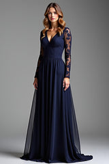 Dressystars Navy Wedding Guest Dress Chiffon V-Neck Long Formal Dress With Long Sleeves