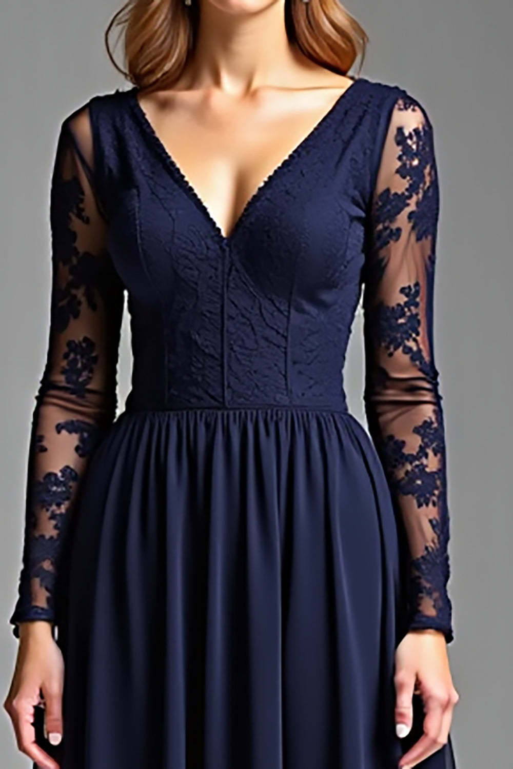Dressystars Navy Wedding Guest Dress Chiffon V-Neck Long Formal Dress With Long Sleeves
