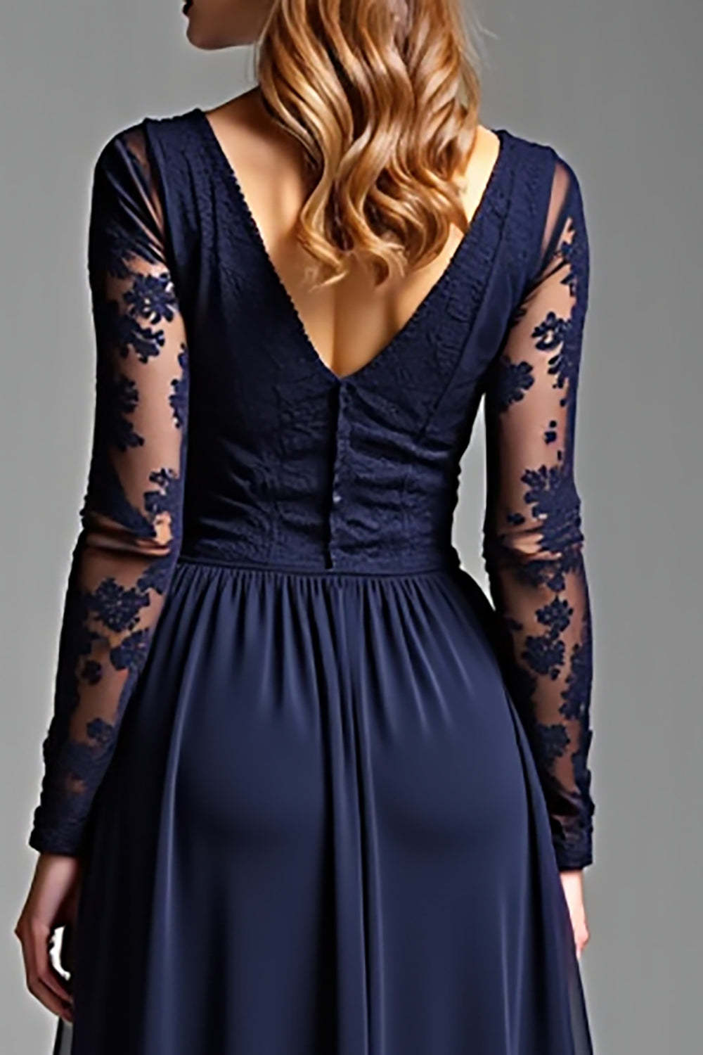 Dressystars Navy Wedding Guest Dress Chiffon V-Neck Long Formal Dress With Long Sleeves
