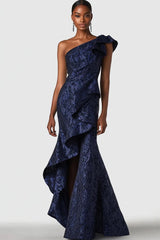 Dressystars Navy Wedding Guest Dress One Shoulder Mermaid Long Formal Dress With Ruffles