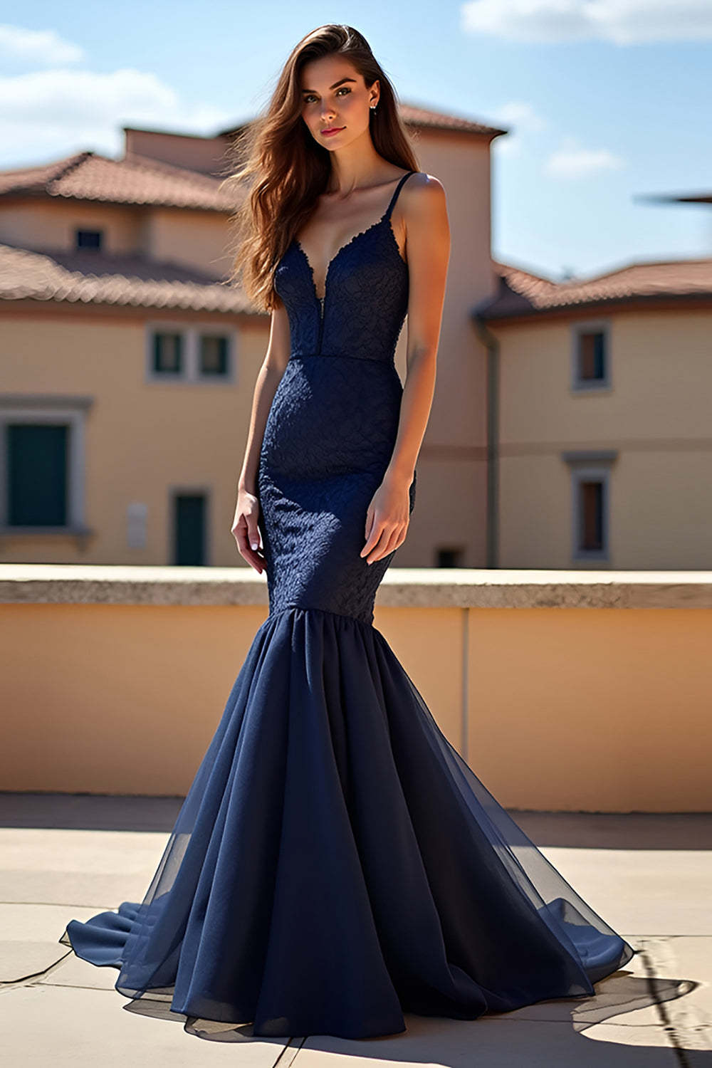 Dressystars Navy Wedding Guest Dress Spaghetti Straps Long Prom Dress With Lace