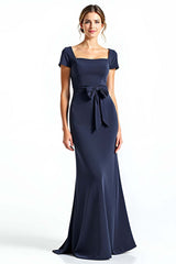 Dressystars Navy Wedding Guest Dress Square Neck Long Formal Dress With Bowknot