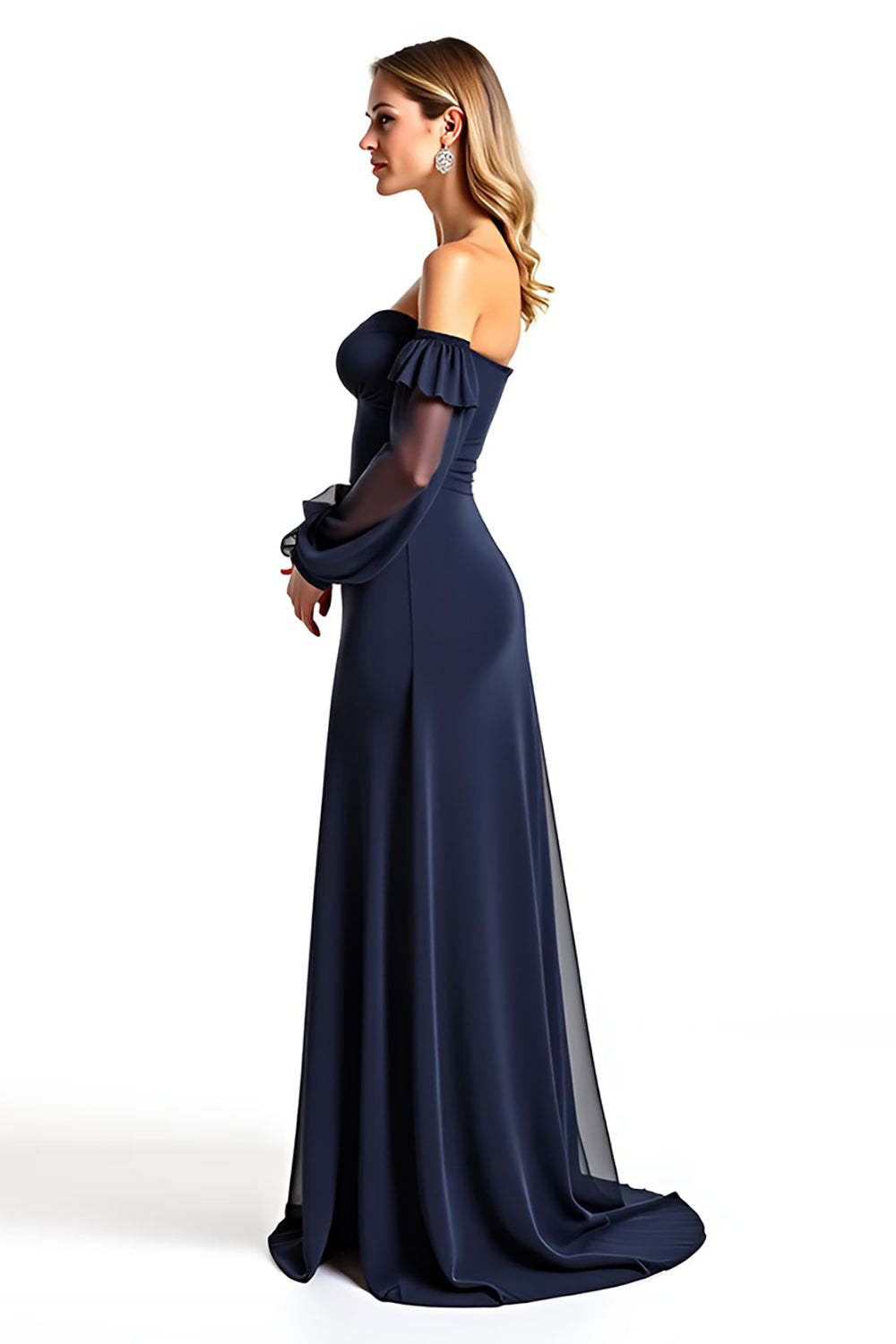 Dressystars Navy Wedding Guest Dress Sweetheart Long Sheer Sleeves Formal Dress With Ruffles
