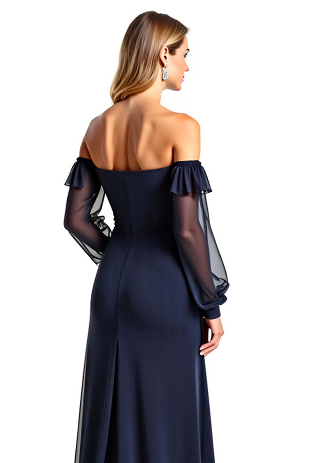 Dressystars Navy Wedding Guest Dress Sweetheart Long Sheer Sleeves Formal Dress With Ruffles