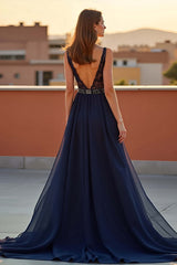 Dressystars Navy Wedding Guest Dress Tulle A Line V-Neck Long Formal Dress