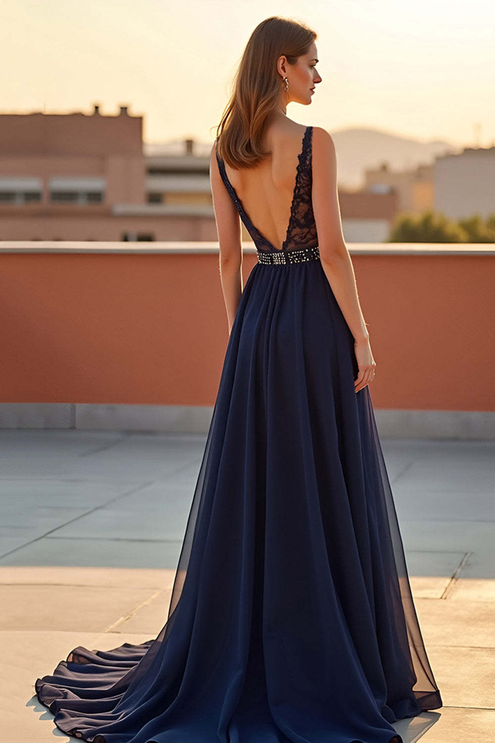 Dressystars Navy Wedding Guest Dress Tulle A Line V-Neck Long Formal Dress