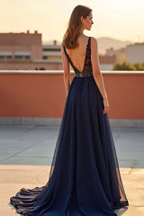 Dressystars Navy Wedding Guest Dress Tulle A Line V-Neck Long Formal Dress