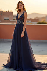 Dressystars Navy Wedding Guest Dress Tulle A Line V-Neck Long Formal Dress