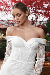 Dressystars Off The Shoulder Beach Wedding Dress Long Sleeve Lace SheathColumn Bridal Gown