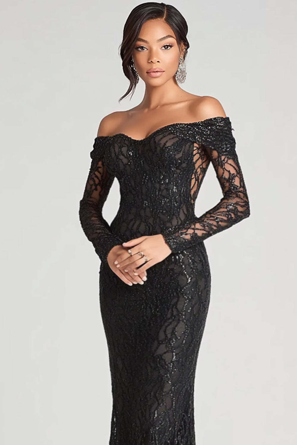 Dressystars Off The Shoulder Black Wedding Guest Dress Sheath Formal Dress With Lace Long Sleeves