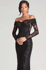 Dressystars Off The Shoulder Black Wedding Guest Dress Sheath Formal Dress With Lace Long Sleeves