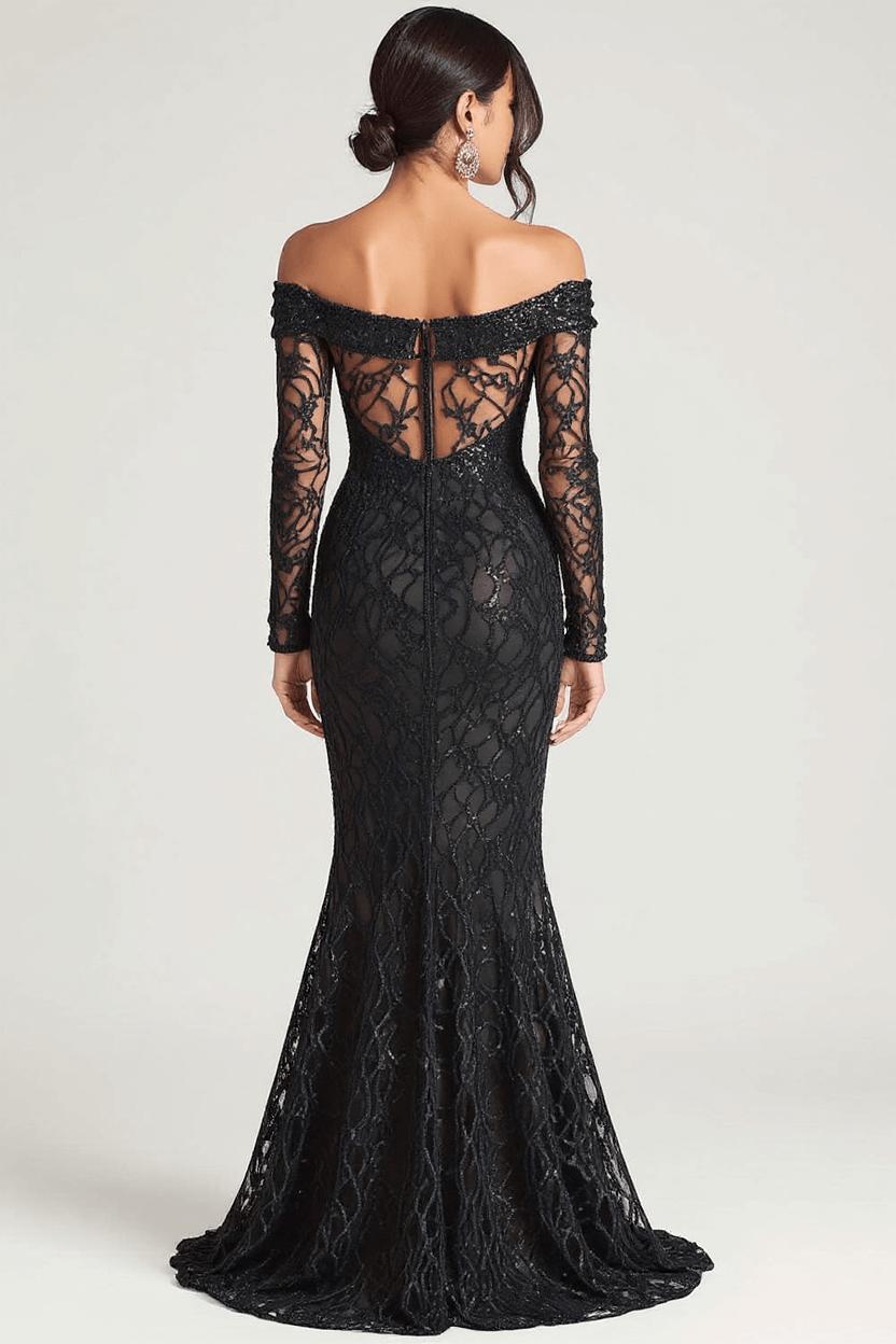 Dressystars Off The Shoulder Black Wedding Guest Dress Sheath Formal Dress With Lace Long Sleeves