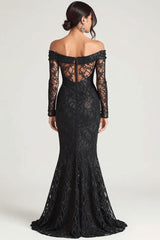 Dressystars Off The Shoulder Black Wedding Guest Dress Sheath Formal Dress With Lace Long Sleeves