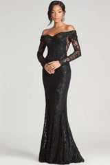 Dressystars Off The Shoulder Black Wedding Guest Dress Sheath Formal Dress With Lace Long Sleeves
