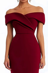 Dressystars Off The Shoulder Burgundy Wedding Guest Dress Satin Ankle-Length Formal Dress