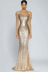 Dressystars Off The Shoulder Champagne Wedding Guest Dress Mermaid Off The Shoulder Long Formal Dress
