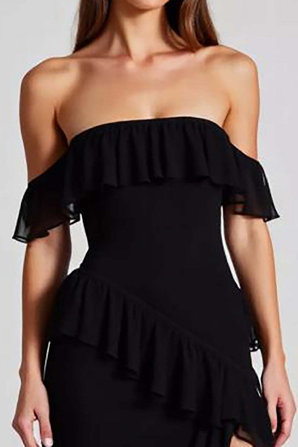 Dressystars Off The Shoulder Chiffon Black Wedding Guest Dress Formal Dress With Slit