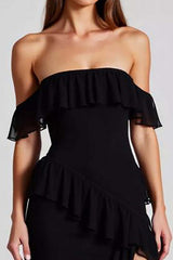 Dressystars Off The Shoulder Chiffon Black Wedding Guest Dress Formal Dress With Slit