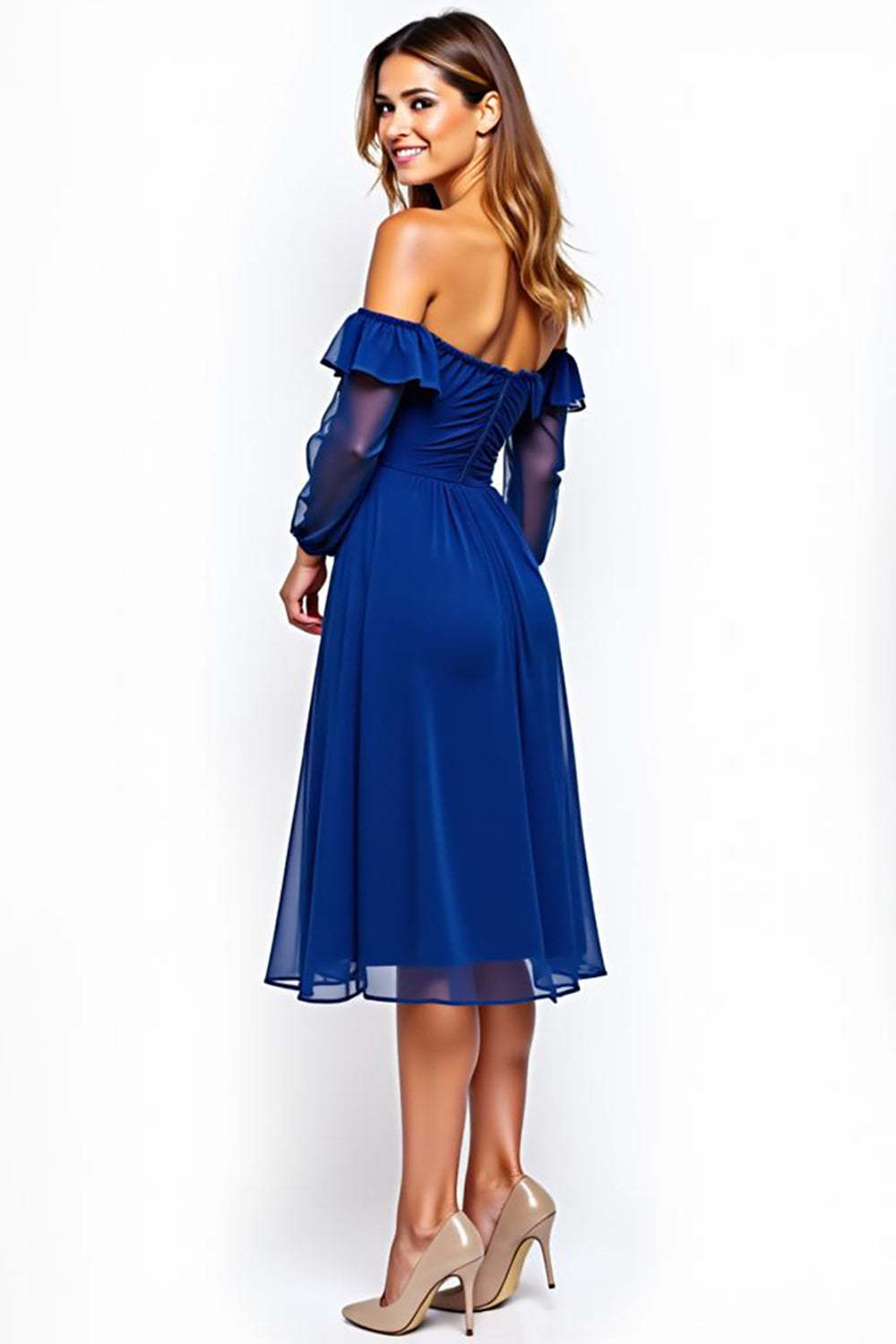 Dressystars Off The Shoulder Chiffon Royal Blue Wedding Guest Dress Knee-Length Formal Dress