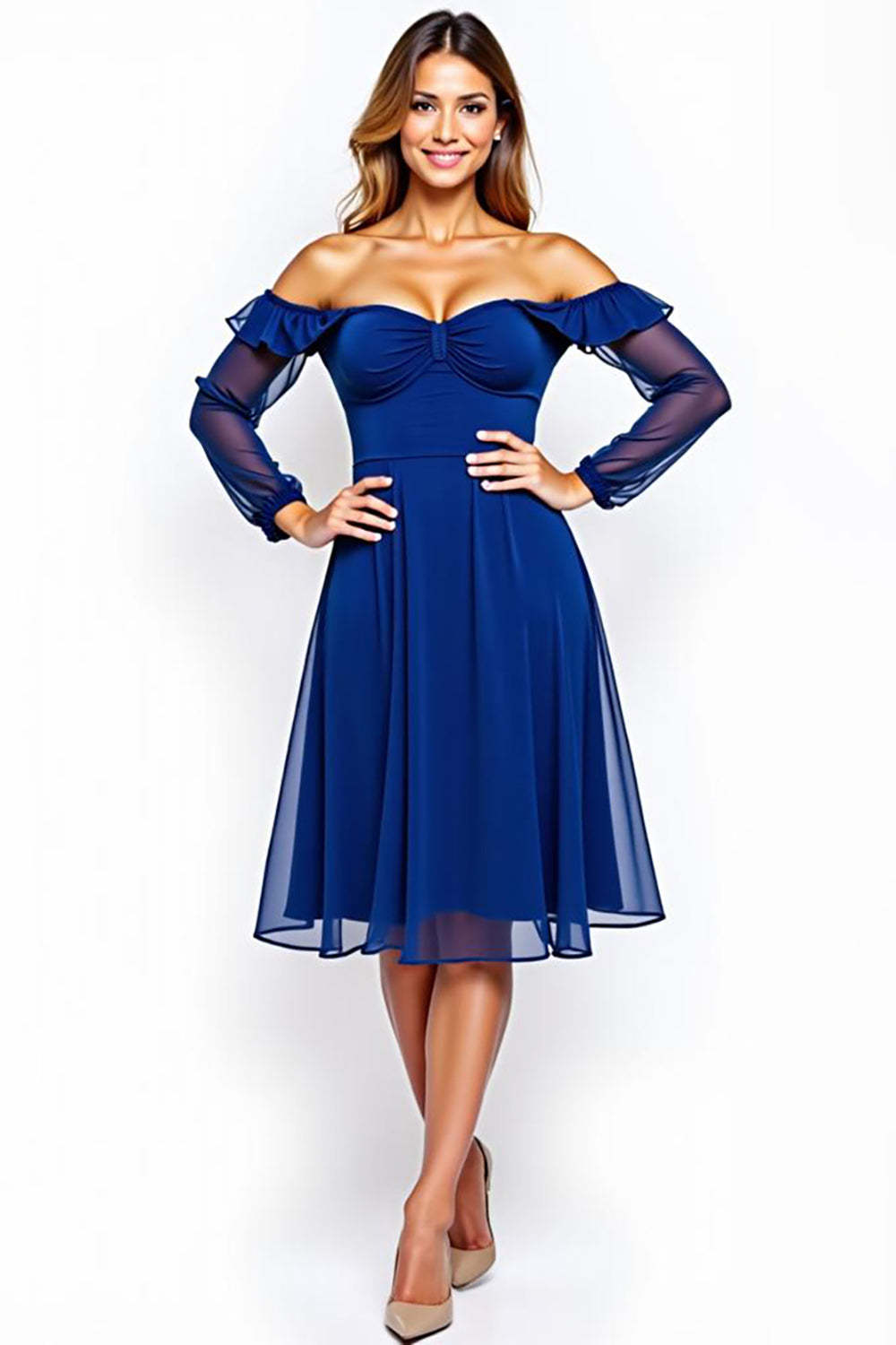 Dressystars Off The Shoulder Chiffon Royal Blue Wedding Guest Dress Knee-Length Formal Dress