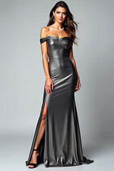 Dressystars Off The Shoulder Dark Grey Sheath Long Formal Dress With Slit