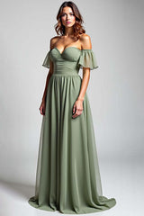 Dressystars Off The Shoulder Dusty Sage Wedding Guest Dress Long Chiffon Formal Dress