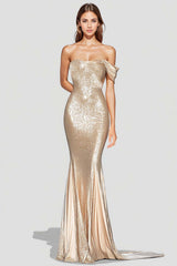 Dressystars Off The Shoulder Mermaid Champagne Wedding Guest Dress Long Formal Dress