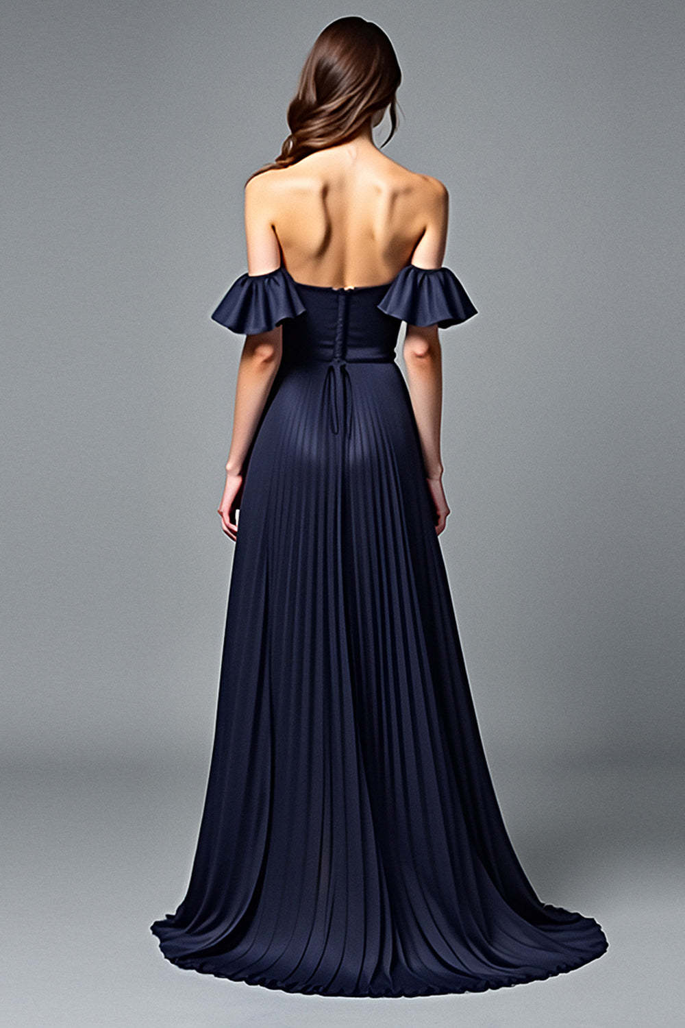 Dressystars Off The Shoulder Navy Wedding Guest Dress A Line Pleated Formal Dress With Ruffles