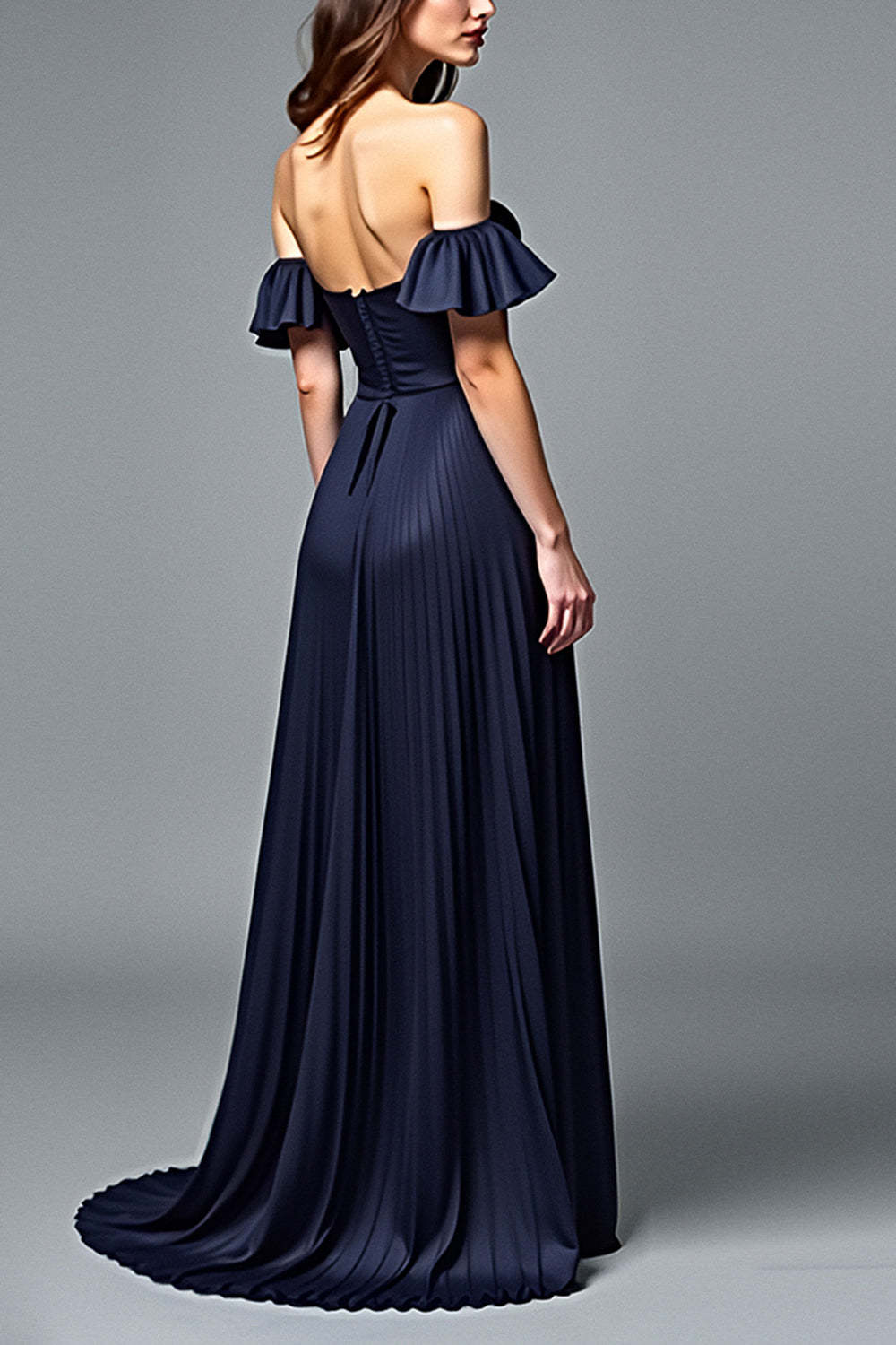 Dressystars Off The Shoulder Navy Wedding Guest Dress A Line Pleated Formal Dress With Ruffles
