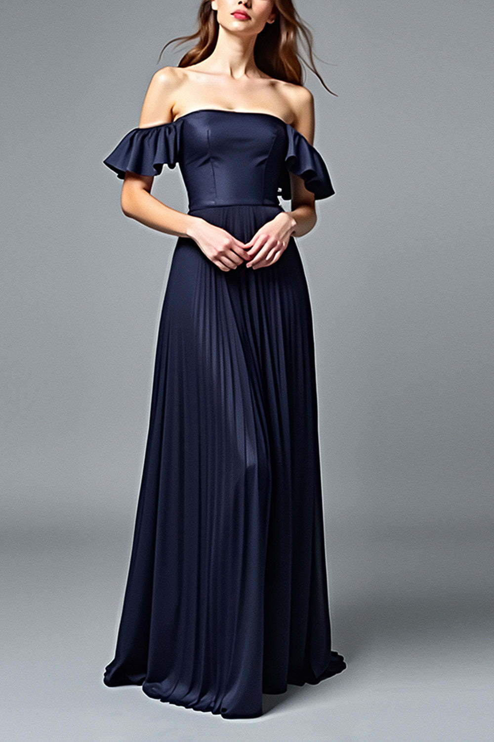Dressystars Off The Shoulder Navy Wedding Guest Dress A Line Pleated Formal Dress With Ruffles