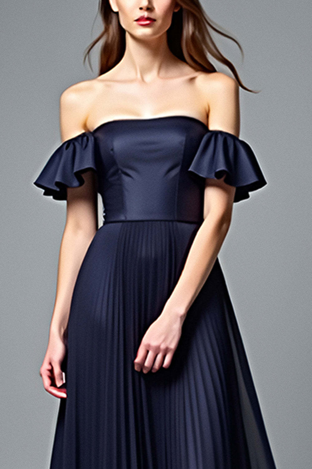 Dressystars Off The Shoulder Navy Wedding Guest Dress A Line Pleated Formal Dress With Ruffles
