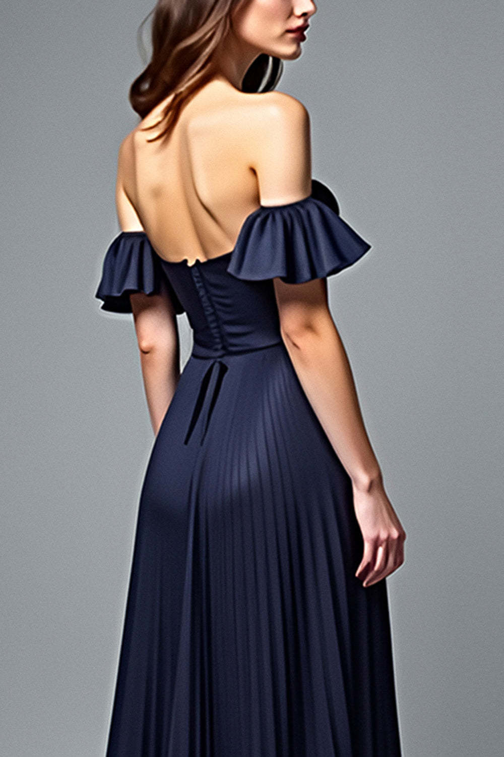 Dressystars Off The Shoulder Navy Wedding Guest Dress A Line Pleated Formal Dress With Ruffles
