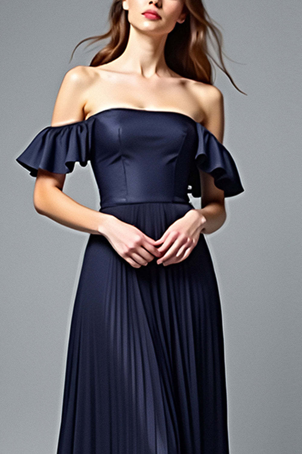 Dressystars Off The Shoulder Navy Wedding Guest Dress A Line Pleated Formal Dress With Ruffles