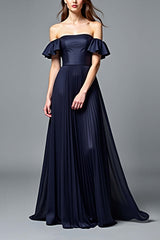 Dressystars Off The Shoulder Navy Wedding Guest Dress A Line Pleated Formal Dress With Ruffles