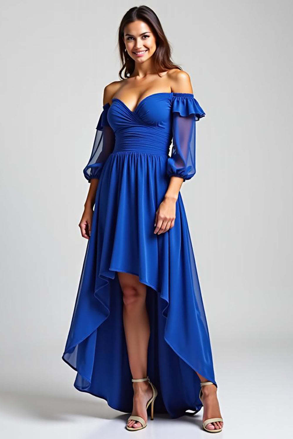 Dressystars Off The Shoulder Royal Blue Wedding Guest Dress High-Low Formal Dress With Half Sleeves