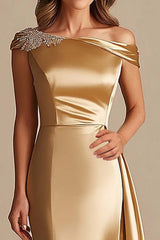 Dressystars Off The Shoulder Sheath Gold Satin Long Formal Dress