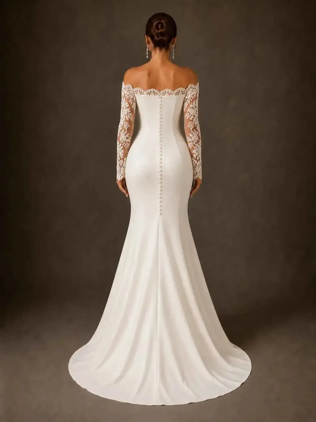 Dressystars Off the Shoulder Mermaid Wedding Gown with Long Sleeves Satin Lace and High Slit