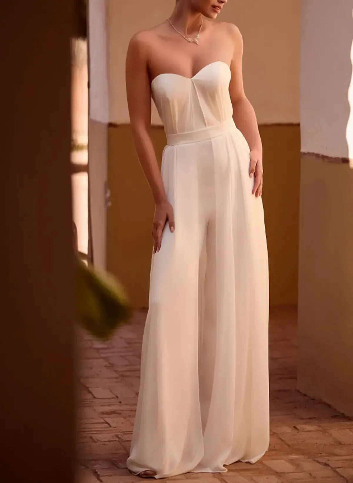 Dressystars Off the Shoulder Sleeveless Floor Length Chiffon Elastic Satin Wedding Jumpsuit