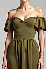 Dressystars Olive Wedding Guest Dress Chiffon A Line Long Formal Dress With Ruffles