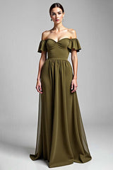 Dressystars Olive Wedding Guest Dress Chiffon A Line Long Formal Dress With Ruffles