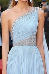 Dressystars One Shoulder A Line Sky Blue Wedding Guest Dress Chiffon Gala Dress With Beading