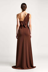 Dressystars One Shoulder Brown Sheath Long Formal Dress With Bow