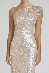 Dressystars One Shoulder Champagne Wedding Guest Dress Sheath Long Formal Dress