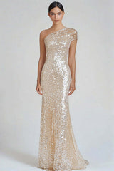 Dressystars One Shoulder Champagne Wedding Guest Dress Sheath Long Formal Dress