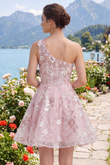 Dressystars One Shoulder Floral Pink Short Corset Homecoming Dress