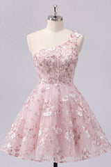 Dressystars One Shoulder Floral Pink Short Corset Homecoming Dress