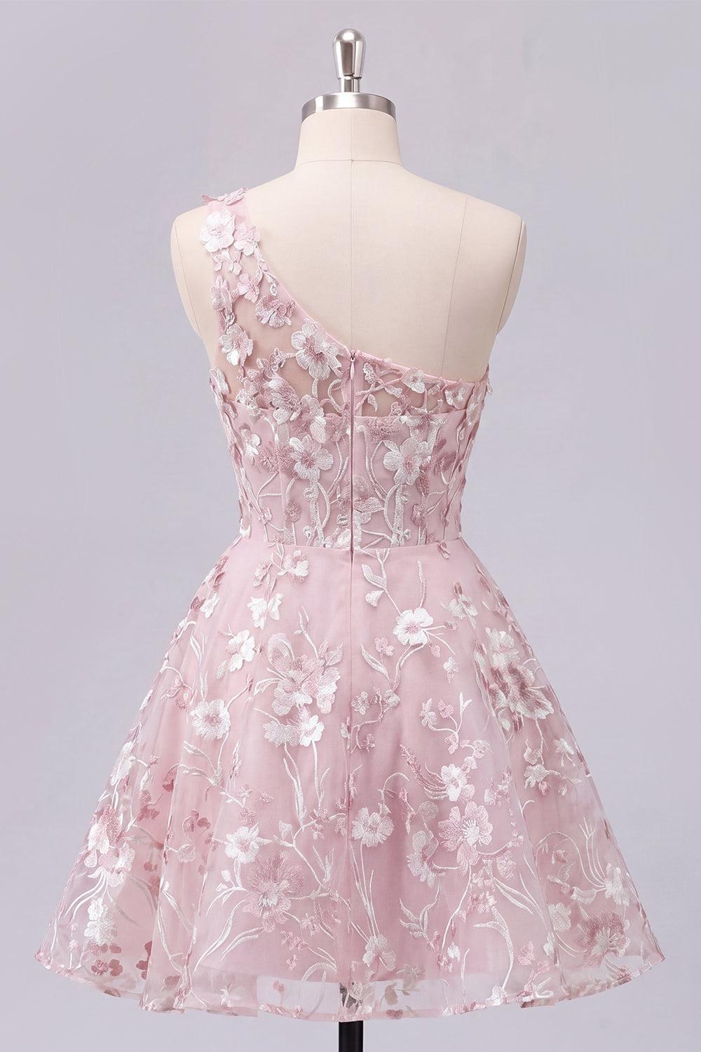Dressystars One Shoulder Floral Pink Short Corset Homecoming Dress